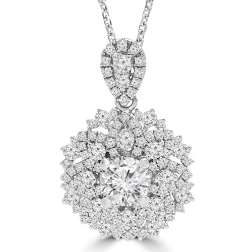 1 1/2 CTW Round Diamond Floral Halo Pendant Necklace in 18K White Gold (MD190531)