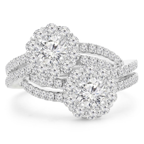 1 3/5 CTW Round Diamond Two-Stone Split-shank Halo Engagement Ring in 18K White Gold (MD190544)