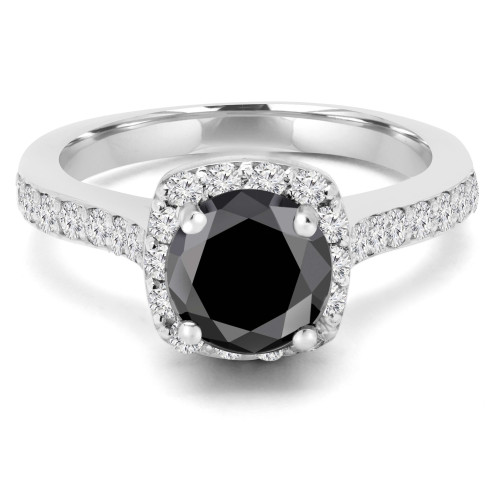 2 2/5 CTW Round Black Diamond Cushion Halo Engagement Ring in 14K White Gold (MD190574)