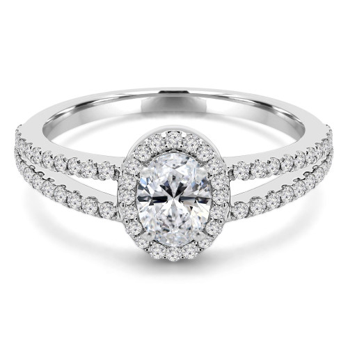 7/8 CTW Oval Diamond Split Shank Oval Halo Engagement Ring in 14K White Gold (MD200057)