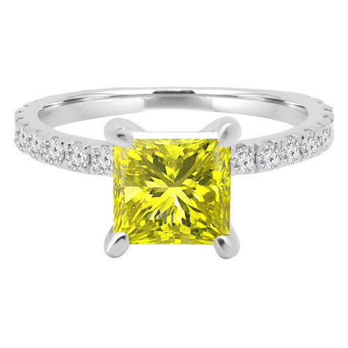 1 9/10 CTW Princess Yellow Diamond Canary Yellow Solitaire with Accents Engagement Ring in 14K White Gold (MD200133)