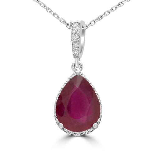 3 1/3 CTW Pear Red Ruby & Round Diamond 3-Prong Pear Halo Pendant Necklace in 14K White Gold (MD200196)