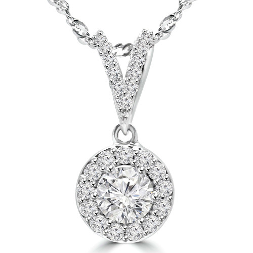 2/3 CTW Round Diamond Halo Pendant Necklace in 14K White Gold (MD200409)