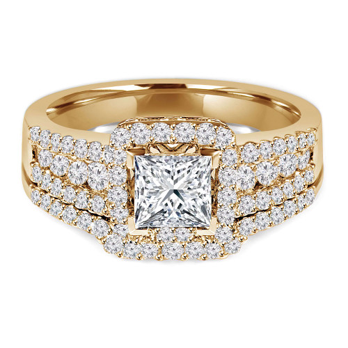 1 2/3 CTW Princess Diamond Three-row Cushion Halo Engagement Ring and Wedding Band Set Ring in 14K Yellow Gold with Accents (MD200454)