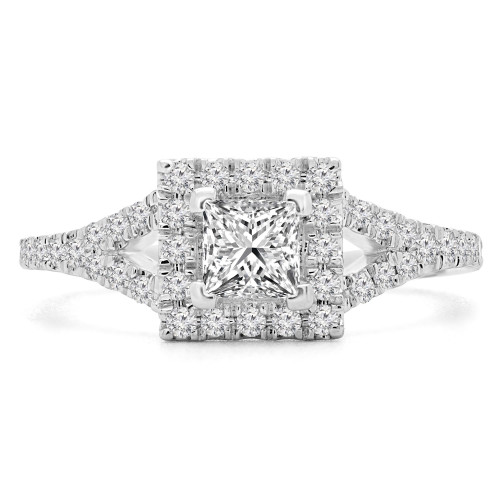 2/3 CTW Princess Diamond Princess V-Prong Split-Shank Halo Engagement Ring in 14K White Gold with Accents (MD200484)