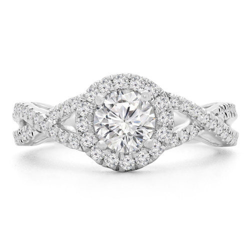 1 CTW Round Diamond Twisted Split-Shank Halo Engagement Ring in 14K White Gold with Accents (MD200485)