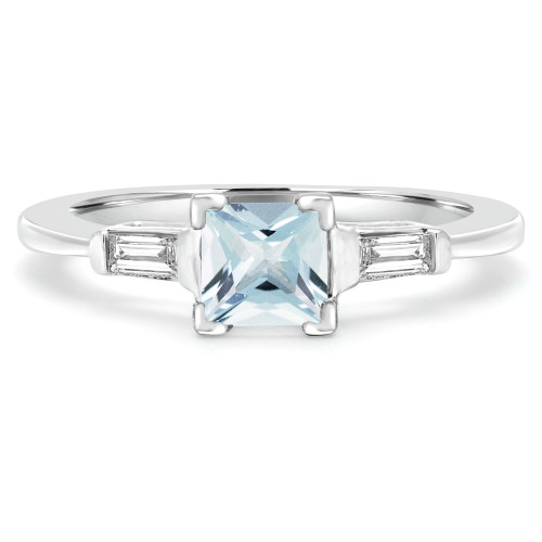1 CTW Princess Blue Aquamarine & Baguette Diamond Three-Stone V-Prong Cocktail Engagement Ring in 14K White Gold (MD200492)