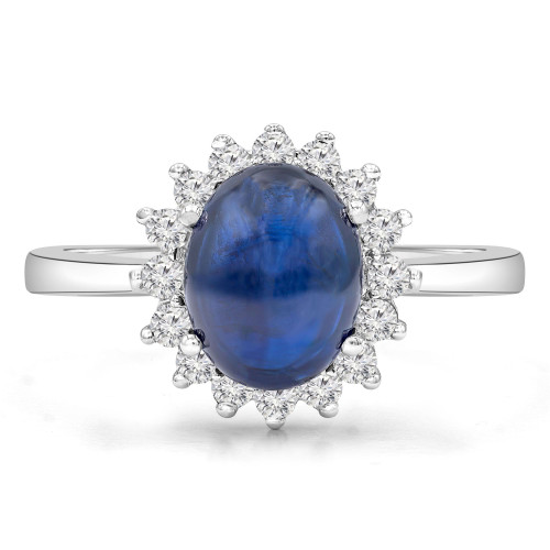 3 1/2 CTW Cabochon Blue Sapphire & Round Diamond Oval Halo Cocktail Engagement Ring in 14K White Gold (MD200534)