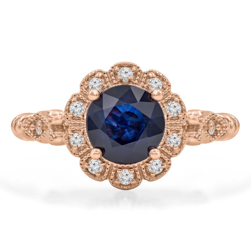 1 2/5 CTW Round Blue Sapphire & Round Diamond Vintage Halo Cocktail Engagement Ring in 14K Rose Gold (MD200536)