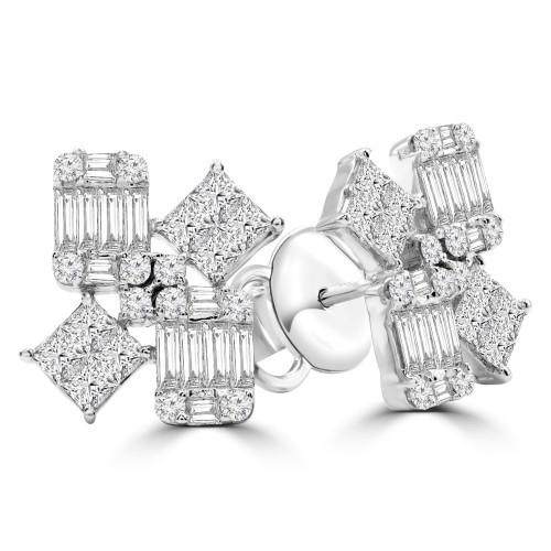 1 7/8 CTW Baguette Diamond Floral Stud Earrings in 18K White Gold (MD210076)