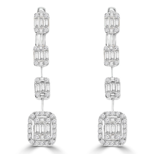 7/8 CTW Baguette Diamond Cushion Halo Drop/Dangle Earrings in 18K White Gold (MD210084)