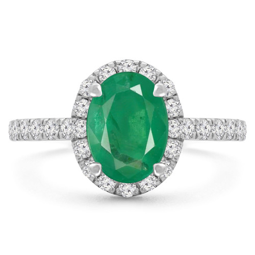 1 9/10 CTW Oval Green Emerald & Round Diamond 4-Prong Oval Halo Cocktail Engagement Ring in 14K White Gold (MD210113)