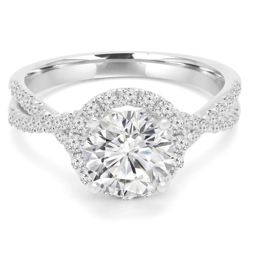 1 1/7 CTW Round Diamond 4-Prong Twisted Shank Halo Engagement Ring in 14K White Gold (MD210121)
