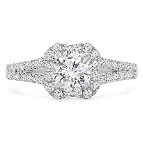1 1/6 CTW Round Diamond Split Shank Cushion Halo Engagement Ring in 18K White Gold with Accents (MD210178)