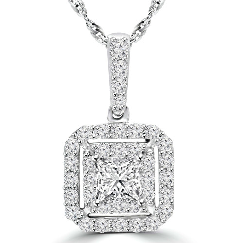 1 CTW Princess Diamond Double Cushion Halo  Pendant Necklace in 14K White Gold (MD210203)