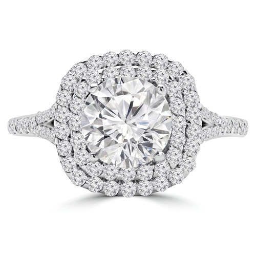 1 1/5 CTW Round Diamond Double Cushion Split Shank Cathedral Halo Engagement Ring in 14K White Gold with Accents (MD210349)