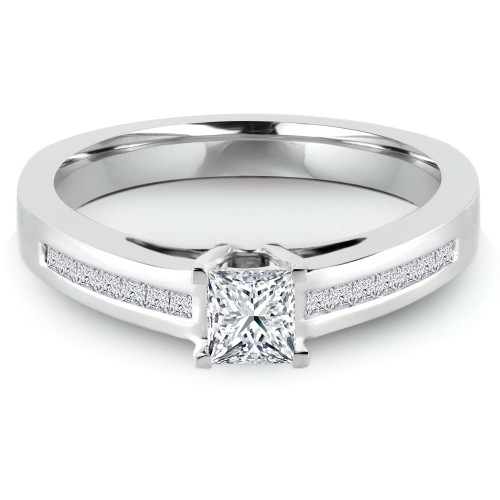 3/5 CTW Princess Diamond Solitaire with Accents Engagement Ring in 14K White Gold With Channel Set Accents (MD220165)