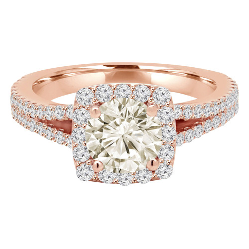 1 1/2 CTW Round Champagne Diamond Split-Shank Halo Engagement Ring in 14K Rose Gold (MD220254)