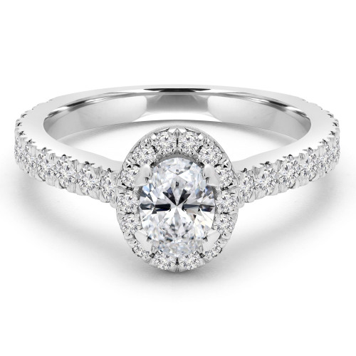 1 1/7 CTW Oval Diamond Double Claw Prongs Cathedral Oval Halo Engagement Ring in 14K White Gold (MD220327)