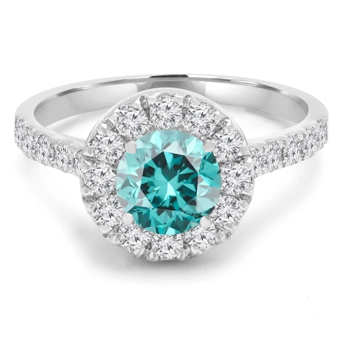 1 1/4 CTW Round Green Diamond Halo Engagement Ring in 14K White Gold with Accents (MD230121)