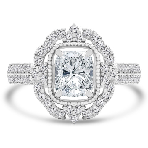 1 2/3 CTW Cushion Diamond Vintage Floral Halo Engagement Ring in 14K White Gold with Accents (MD230126)