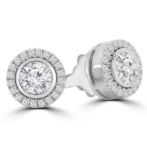 1 CTW Round Diamond Bezel Set Halo Stud Earrings in 14K White Gold (MD230152)