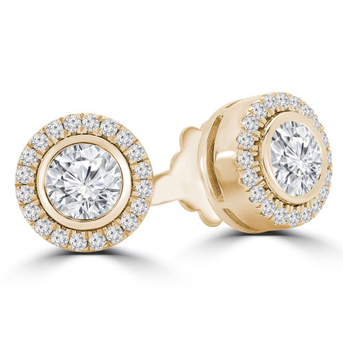 1 1/10 CTW Round Diamond Bezel Set Halo Stud Earrings in 14K Yellow Gold (MD230159)