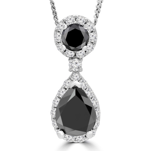 2 3/5 CTW Pear Black Diamond Two-stone Pear Halo Pendant Necklace in 14K White Gold (MD240025)