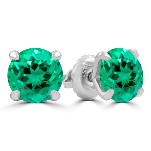 2 1/10 CTW Round Green Lab Created Emerald  4-Prong Stud Earrings in 14K White Gold (MD240061)
