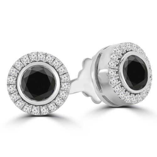 1 1/2 CTW Round Black Diamond Bezel Set Stud Earrings in 14K White Gold (MD240241)