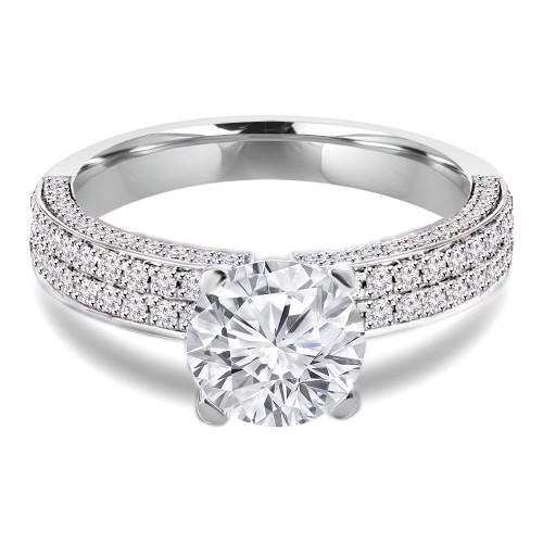 1 1/2 CTW Round Diamond Two-Row High Set Solitaire with Accents Engagement Ring in 18K White Gold with Accented Profile (MD240420)