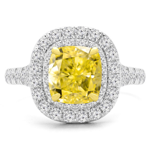 2 7/8 CTW Cushion Vivid Yellow Diamond Cathedral Double Cushion Halo Engagement Ring in 14K White Gold with Accents (MD250036)