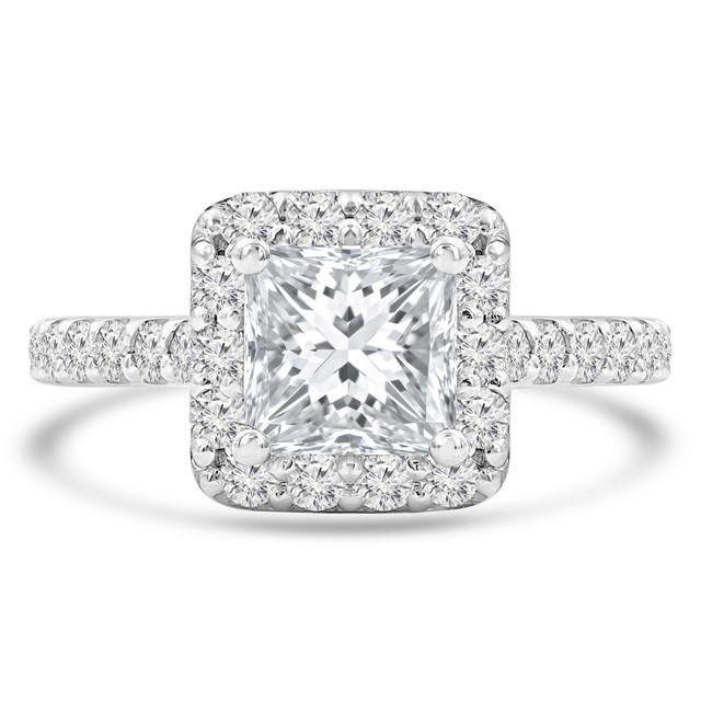 2.23 CTW Princess Lab Created Diamond Cathedral Cushion Halo Engagement Ring With an IGI Certified 1.5 CT VS1 D Center in 14K White Gold with Accents (MVSHE1262-W)