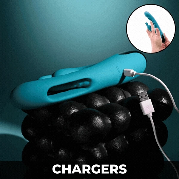 Chargers — teal replacement charger cable held against a blue vibrator