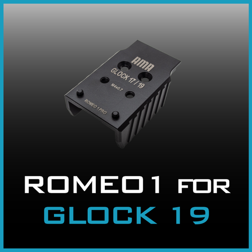 Romeo 1 Adapter Plate for Glock G17/G19 showing one side with title text.