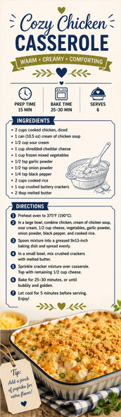 Chicken Casserole recipe bookmark front – personalized 2 x 8 inches
