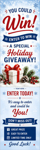 Holiday Giveaway 2 Sided custom bookmark front featuring a festive snowflake design, wrapped gift, Enter to Win promotion, and tear-off entry message.