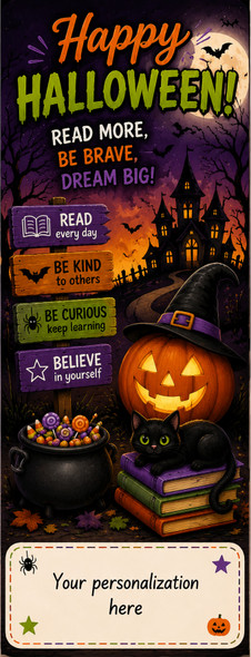Happy Halloween personalized reading bookmark featuring a witch-hat jack-o-lantern, black cat on books, haunted house, bats, candy cauldron, and Read More, Be Brave, Dream Big messages.