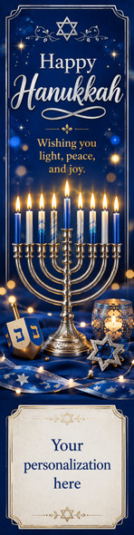 Happy Hanukkah personalized bookmark featuring a glowing nine-branched menorah, dreidel, Star of David, navy blue candlelight design, “Wishing you light, peace, and joy” greeting, and custom personalization area.
