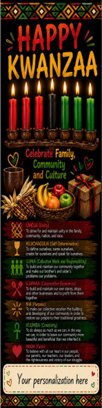 Happy Kwanzaa personalized bookmark featuring a seven-candle kinara, red, black and green African-inspired patterns, harvest fruits and corn, the seven principles of Kwanzaa, and a custom personalization area.