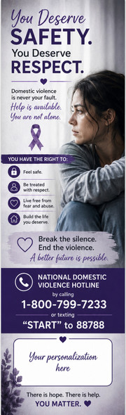 Domestic violence safety support bookmark with purple ribbon, hotline information, and personalization panel