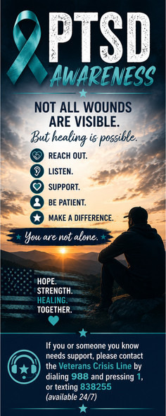 PTSD awareness resource bookmark front with teal ribbon, Not All Wounds Are Visible message, five support actions, a seated person at sunset, and Veterans Crisis Line contact information at the bottom.
