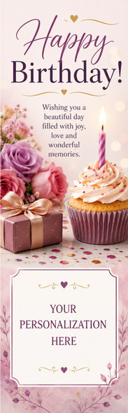 Pink floral adult birthday bookmark with cupcake and personalized message panel