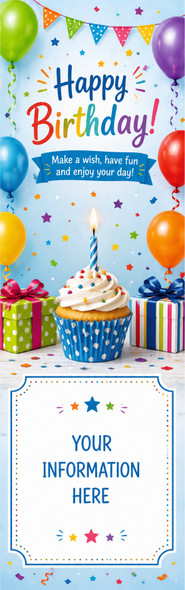 Colorful kids birthday bookmark with balloons, cupcake, gifts, and personalized information panel