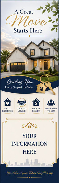 Real estate agent promotional bookmark with home, keys, client benefits, and personalized information panel