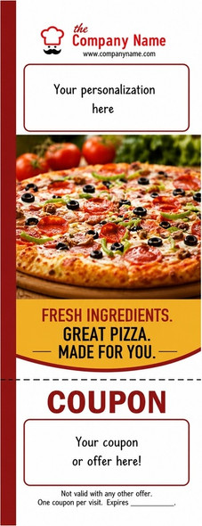Pizzeria coupon bookmark with pizza image, business branding panel, and detachable coupon offer