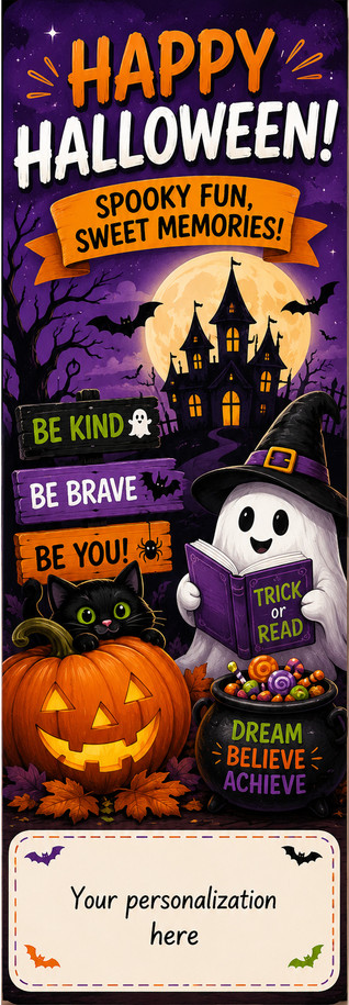Happy Halloween personalized custom bookmark featuring a friendly Trick or Read ghost, glowing jack-o-lantern, black cat, haunted house, bats, candy, and positive messages.