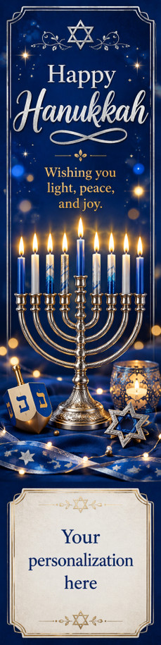 Happy Hanukkah personalized bookmark featuring a glowing nine-branched menorah, dreidel, Star of David, navy blue candlelight design, “Wishing you light, peace, and joy” greeting, and custom personalization area.