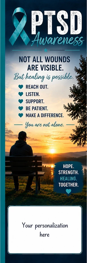 Personalized PTSD awareness and support bookmark with teal ribbon – 2 x 8 inches