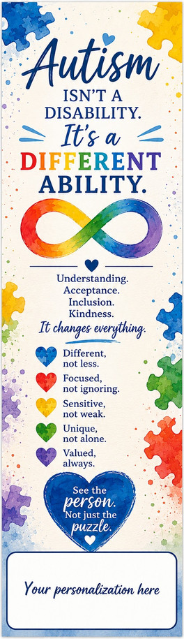 Autism different ability personalized acceptance and inclusion bookmark with watercolor puzzle pieces, rainbow infinity symbol, and personalization panel – 2 x 8 inches